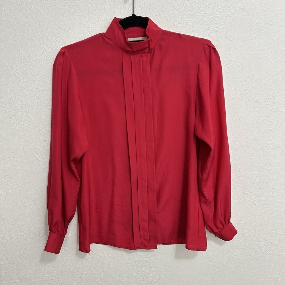 John Meyer VTG 80s Red 100% Silk Top Blouse High Neck Panel Button Front Size 8‎
